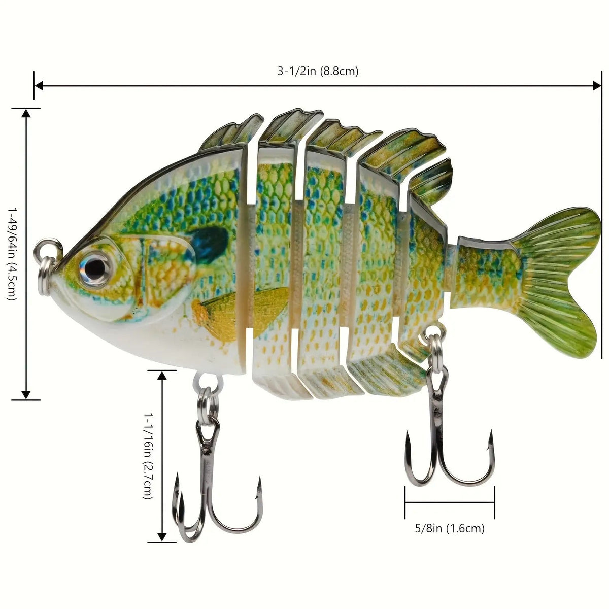 Lot de 4 leurres de pêche articulés Swimbait – Appât de surface rigide réaliste type perche avec hameçons triples, 8,9 cm / 24 g, leurres réalistes type crapet et poisson-soleil pour la pêche au bar en eau douce et en eau salée