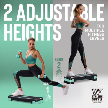 Plateforme de step réglable pour aérobic avec 2 haltères et ruban à mesurer – Plateforme d'exercice pour entraînement à domicile avec rehausseurs, antidérapante, capacité de 250 kg, 3 couleurs (bleu, vert, rose)