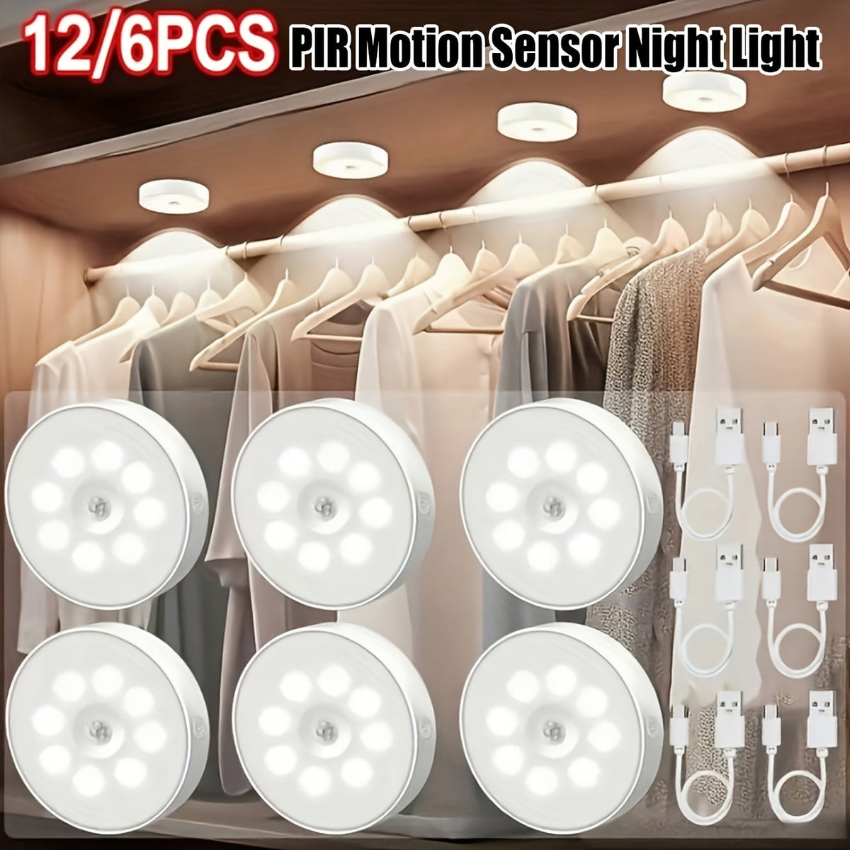 Veilleuses LED à détecteur de mouvement, rechargeables par USB, sans fil, mode double, luminosité réglable, fixation magnétique, éclairage sous meuble pour cuisine, couloir, escaliers, placard, lot de 6 ou 12