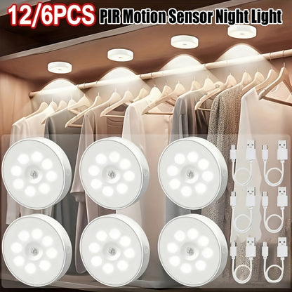 Veilleuses LED à détecteur de mouvement, rechargeables par USB, sans fil, mode double, luminosité réglable, fixation magnétique, éclairage sous meuble pour cuisine, couloir, escaliers, placard, lot de 6 ou 12