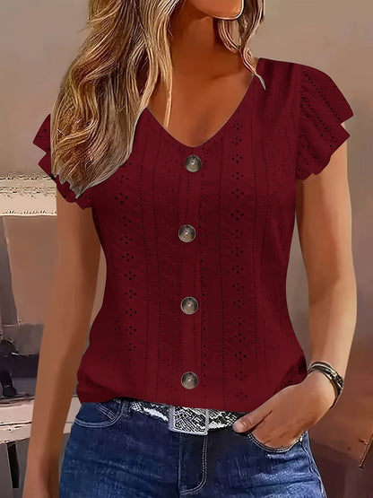 Eyelet Embroidery Button Front V-Neck Cap Sleeve Top Women Solid Color Casual Summer Shirt Breathable Lightweight Blouse S-XXL Multiple Colors