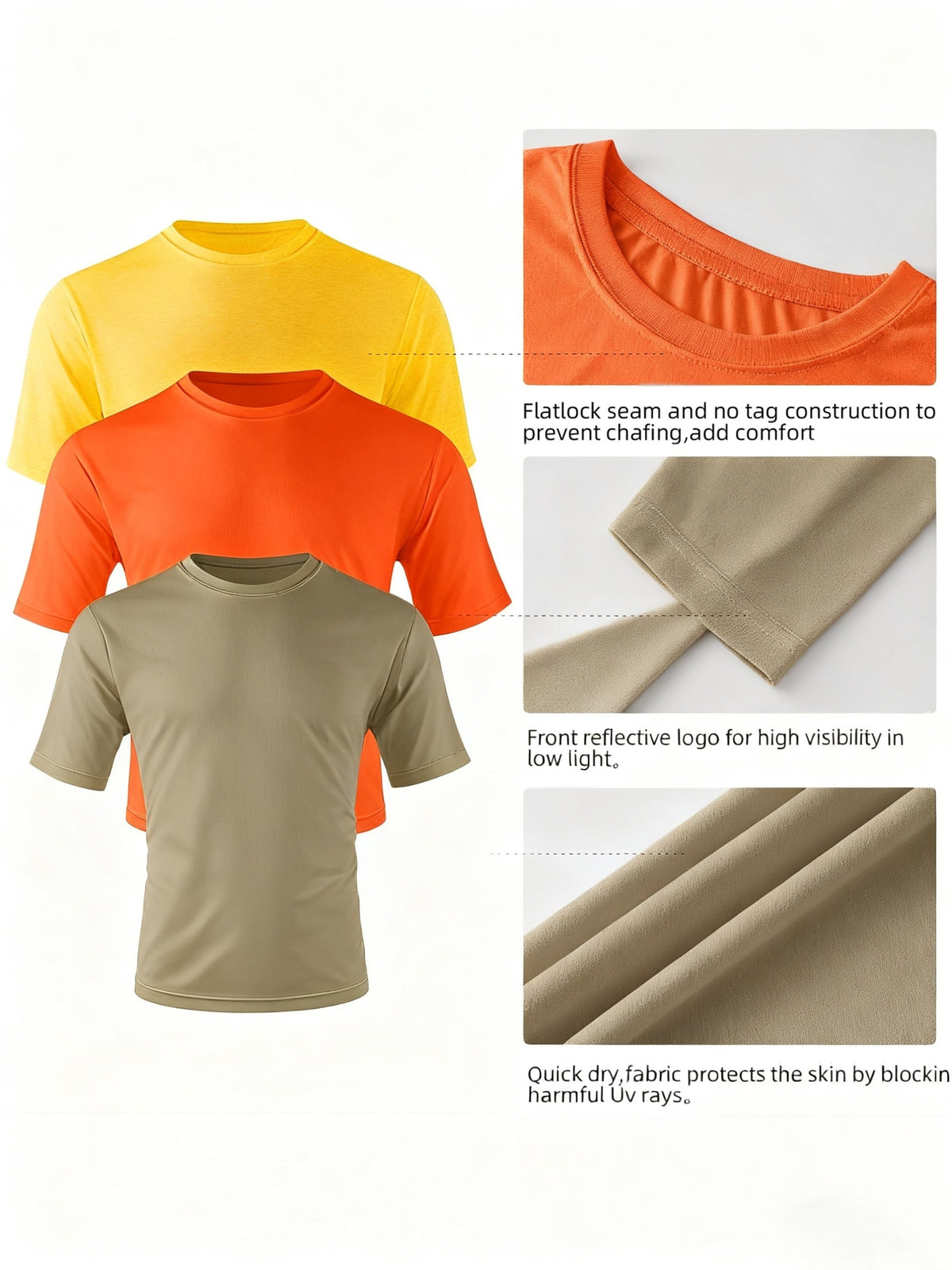 Lot de 3 t-shirts de sport pour homme, col rond, manches courtes, séchage rapide, protection UPF 50+, évacuation de l'humidité, kaki/orange/jaune, tailles S-3XL pour natation, plage, sports en plein air, pêche, randonnée