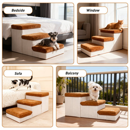 Escalier pliable pour petits chiens à 3 marches – Rampe pour animaux en nylon antidérapant pour lits et canapés surélevés, design pliable compact, marron et blanc, inclut une peluche en forme de patte de poulet en bonus