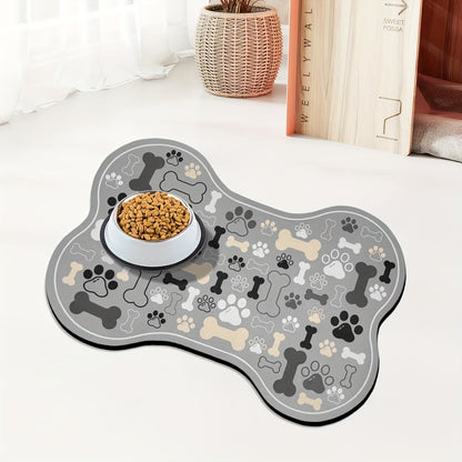 Dog Feeding Mat Non-Slip Quick-Dry Paw Print & Fishbone Design - Durable Polyester Pet Food & Water Bowl Pad for Small to Medium Dogs, Waterproof Easy-Clean Dog Placemat for Kitchen & Floor