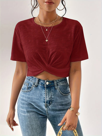 Women's Twist Front Crop Top Short Sleeve T-Shirt Solid Color Casual Summer Tops Cute Streetwear XS-XXL 8 Colors