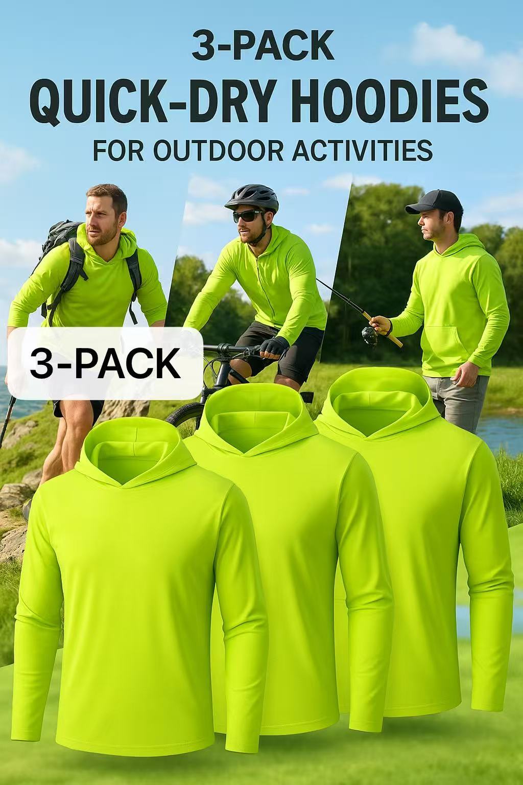 Lot de 3 sweats à capuche de protection solaire UPF 50+ pour homme, manches longues, évacuation de l'humidité, séchage rapide, respirant, t-shirt de performance pour randonnée, pêche, course à pied – Tailles S à XXXL, jaune fluorescent