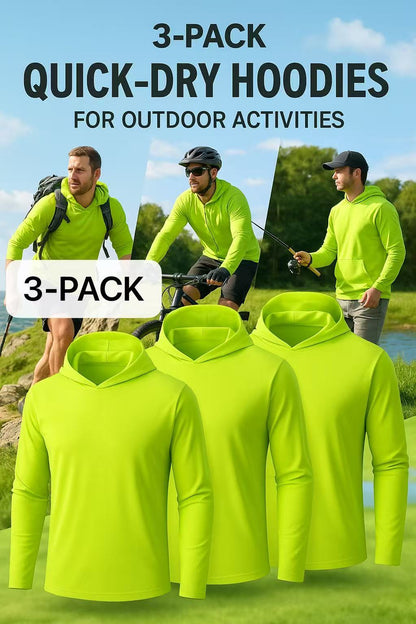 Lot de 3 sweats à capuche de protection solaire UPF 50+ pour homme, manches longues, évacuation de l'humidité, séchage rapide, respirant, t-shirt de performance pour randonnée, pêche, course à pied – Tailles S à XXXL, jaune fluorescent