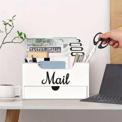 Grand organisateur de courrier de bureau en bois massif avec tiroir, 4 compartiments et séparateurs étiquetables pour dossiers, lettres et papier, organisateur de bureau pour bureau à domicile, étudiants et professionnels