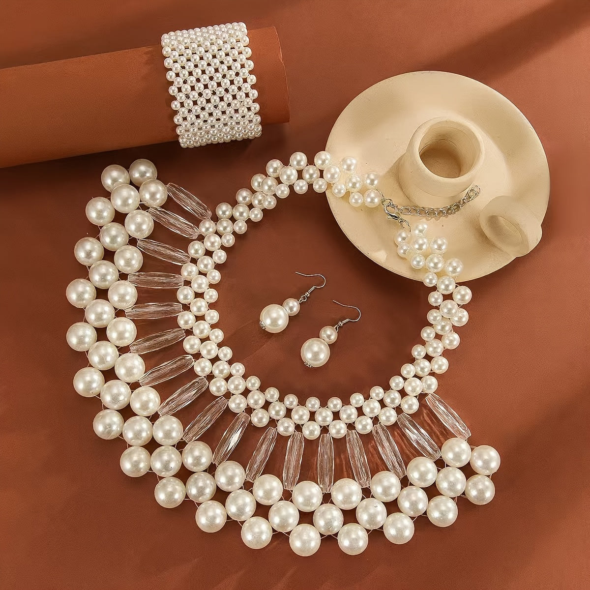 Parure collier et boucles d'oreilles bohème à pampilles en fausses perles, bijoux de mariée faits main multi-rangs, accessoires de mariage élégants perlés, cadeau pour elle