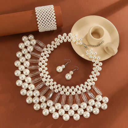 Parure collier et boucles d'oreilles bohème à pampilles en fausses perles, bijoux de mariée faits main multi-rangs, accessoires de mariage élégants perlés, cadeau pour elle