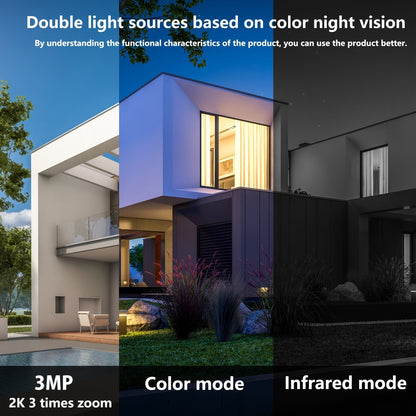 Caméra de sécurité extérieure solaire 2K 3MP – CCTV WiFi sans fil avec détection de mouvement IA, vision nocturne couleur, projecteur, audio bidirectionnel, étanchéité IP66, sans frais mensuels, stockage cloud et SD, sur batterie