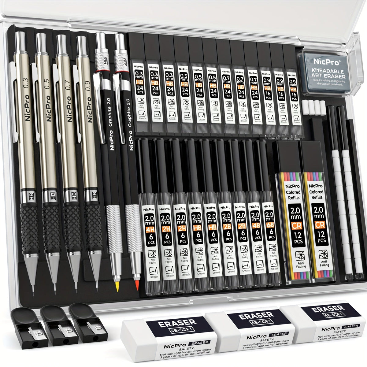 Ensemble de 34 crayons mécaniques artistiques avec étui, 6 crayons de dessin en métal, mines de 0,5 mm, 0,7 mm, 0,9 mm, 2 mm, 19 mines de recharge et gommes pour artistes, croquis et dessin