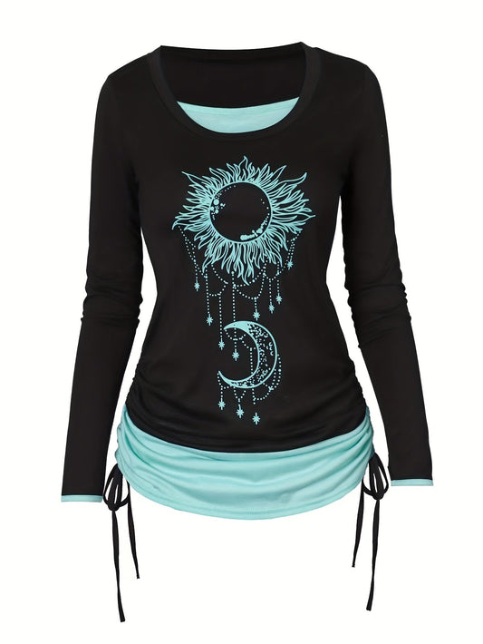 T-shirt femme à manches longues imprimé lune et soleil, haut décontracté à blocs de couleurs, froncé sur le côté avec lien à nouer, en maille extensible, style 2-en-1, S M L XL XXL