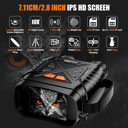 Jumelles de vision nocturne 4K pour adultes – Zoom numérique 10x, écran HD 2,8", illuminateur infrarouge 7 niveaux, photo et vidéo 12 MP, rechargeables – Parfaites pour la chasse, le bateau et l'exploration en plein air, cadeau pour hommes