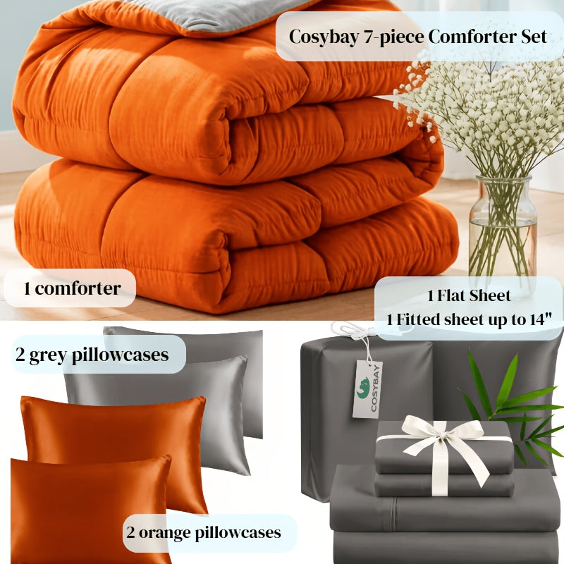 Ensemble de literie 7 pièces pour lit Queen/King – Parure de lit en microfibre douce à plis pincés, comprenant une couette, un drap-housse, un drap plat et 4 taies d'oreiller, ensemble de literie toutes saisons pour la maison et le dortoir