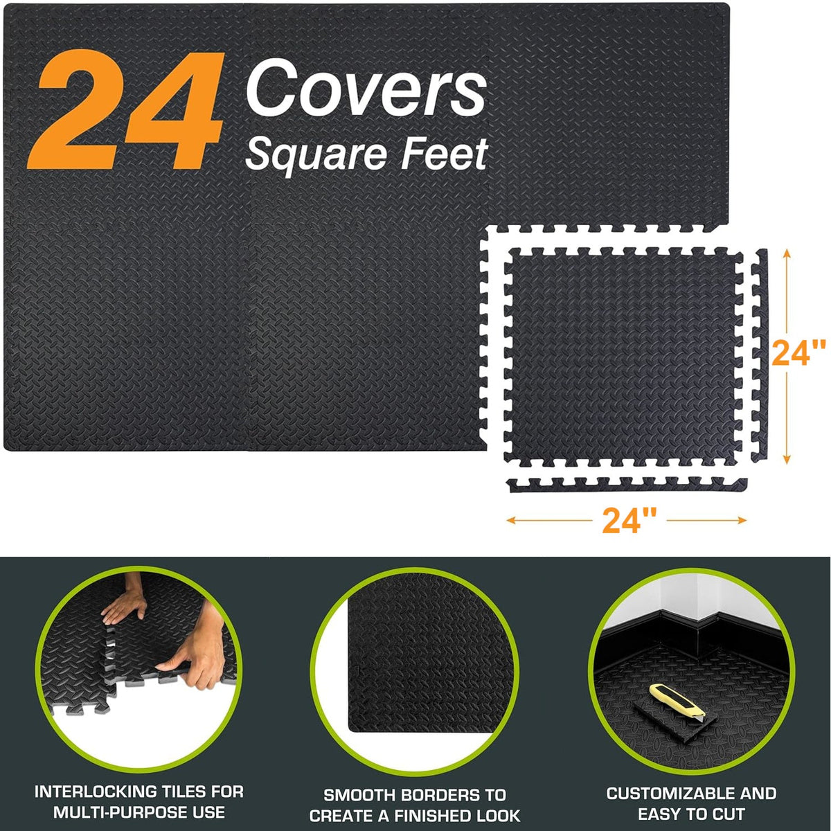 Tapis de sol emboîtable en mousse EVA pour exercice, 2,2 m² (24 pi²), 6 dalles de 61 x 61 x 1,3 cm pour salle de sport, garage, maison, bureau, yoga, gymnastique, Pilates, noir