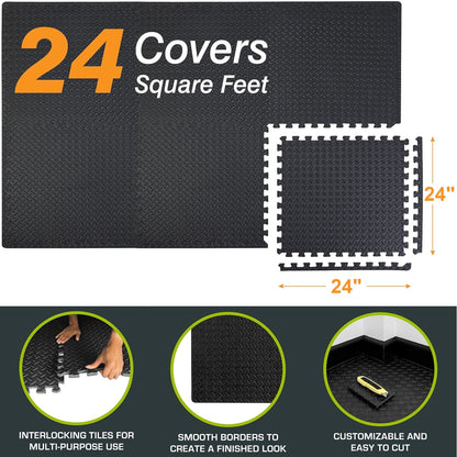 Tapis de sol emboîtable en mousse EVA pour exercice, 2,2 m² (24 pi²), 6 dalles de 61 x 61 x 1,3 cm pour salle de sport, garage, maison, bureau, yoga, gymnastique, Pilates, noir