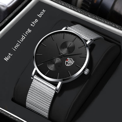 Men's Classic Quartz Watch with Stainless Steel Mesh Band – Black Dial Analog Digital Display, Date Day Stopwatch Chronograph, Scratch-Resistant Glass, Elegant Minimalist Dress Watch for Everyday Formal Wear, 5 Colors