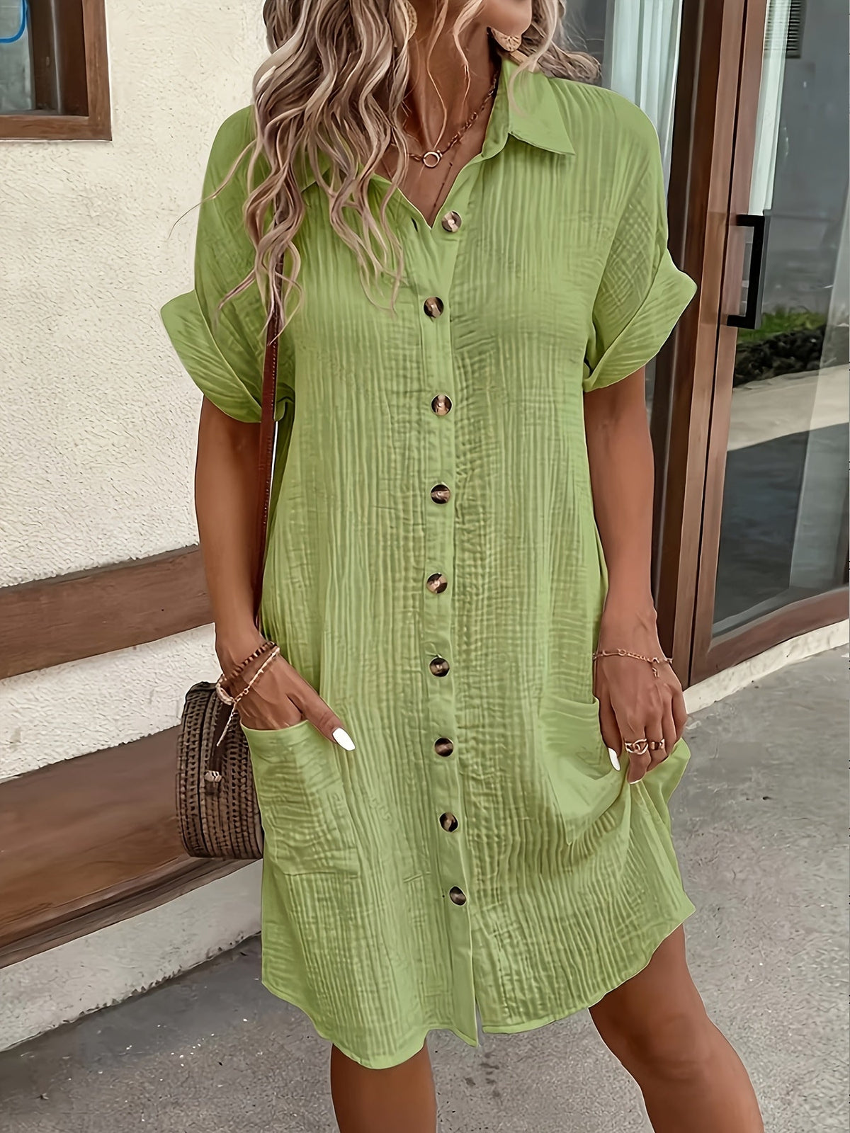 Robe chemise boutonnée unie pour femme – Robe tunique rétro décontractée à revers respirante pour un usage quotidien en toute saison