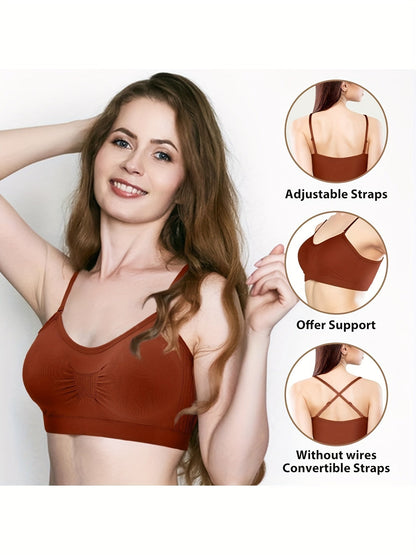 Lot de 4 brassières débardeurs à col en V avec coussinets – Soutien-gorge de sport sans armatures avec bretelles réglables pour femme, ensemble de brassières douces avec coussinets pour le quotidien, tailles S-XL, couleurs rouille, beige, vert, bleu