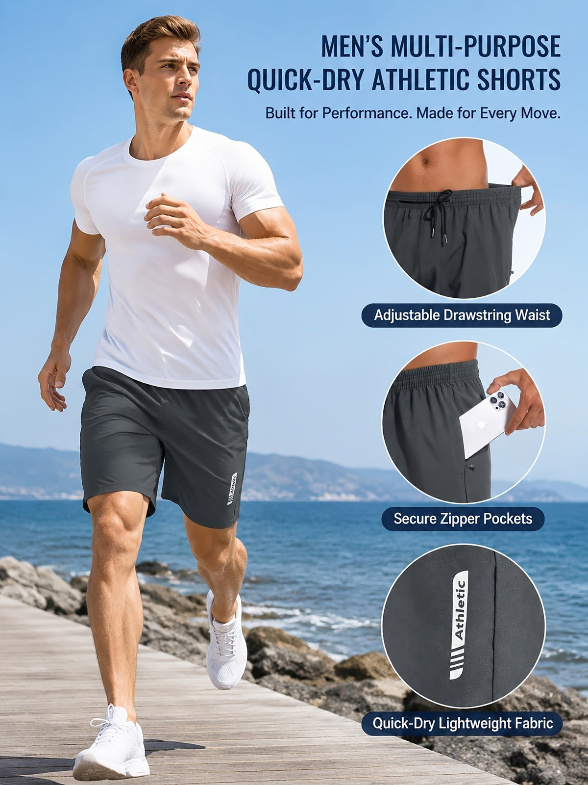 Lot de 5 shorts de sport pour homme – Shorts de gym et de basketball à séchage rapide avec taille élastique et poche latérale zippée, vêtements de sport légers pour la course, la randonnée et le quotidien