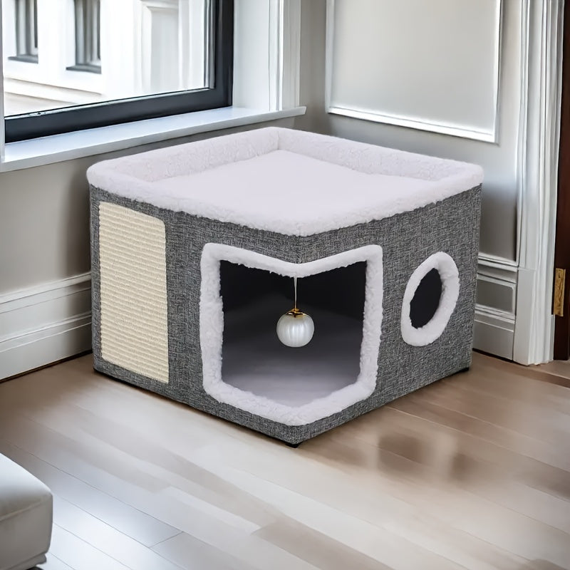 Maison pour chat pliable à plusieurs niveaux avec lit à 2 étages, tunnel de jeu, griffoir, balle suspendue en peluche et tapis confortable, cube pour chat d'intérieur, structure en nylon, toile, meuble pour chat toutes saisons
