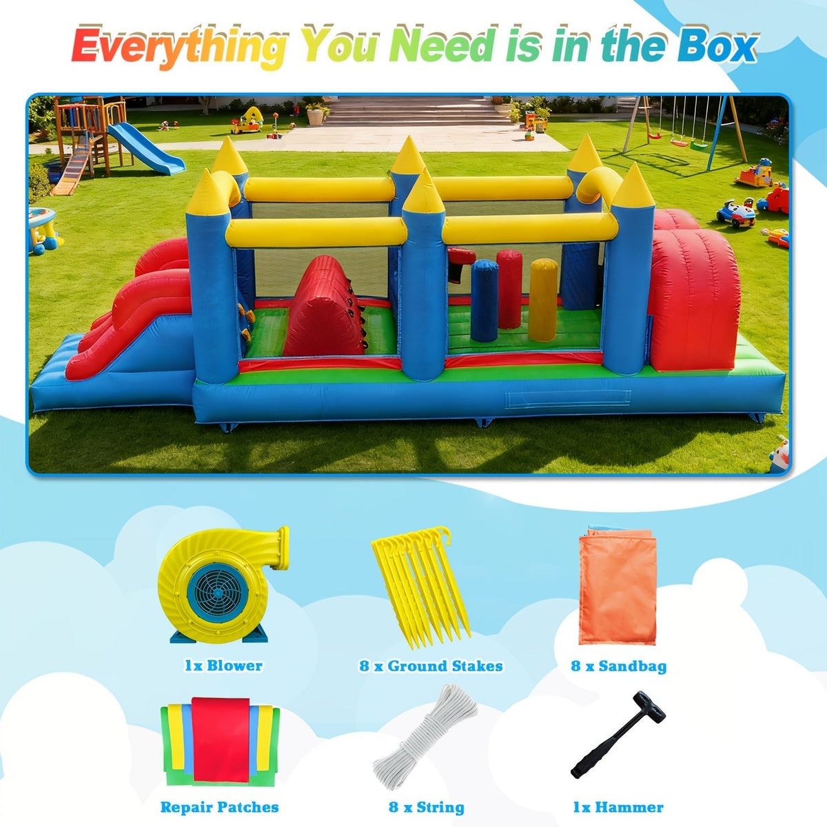 Parcours d'obstacles gonflable de 24 pieds avec double toboggan et soufflerie haute vitesse, parcours d'obstacles de jardin en PVC de qualité commerciale de 0,45 mm de 24x8x8 pieds pour enfants et adultes, installation rapide pour fêtes d'été en plein air