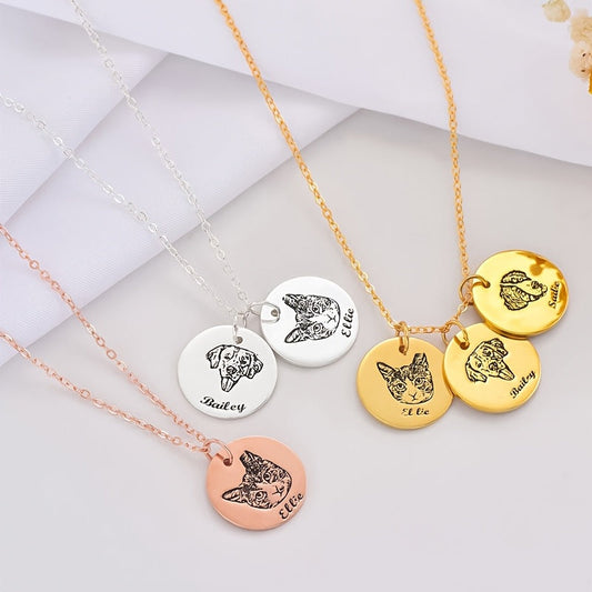 Collier avec photo et nom d'animal personnalisés - Pendentif cercle gravé sur mesure en acier inoxydable pour amoureux des animaux, bijou commémoratif fait main pour chien ou chat, cadeau d'anniversaire ou de Noël, doré et or rose