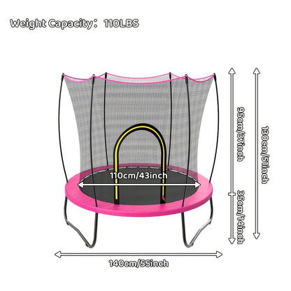 6-in-1 Kids Trampoline with Enclosure Net, Basketball Hoop, Swing, Rings & 15 Ocean Balls – 55"-58" Indoor Outdoor Rectangular Trampoline, Foam Padded Poles, W-Shaped Legs, Gift for Boys Girls Ages 3-10