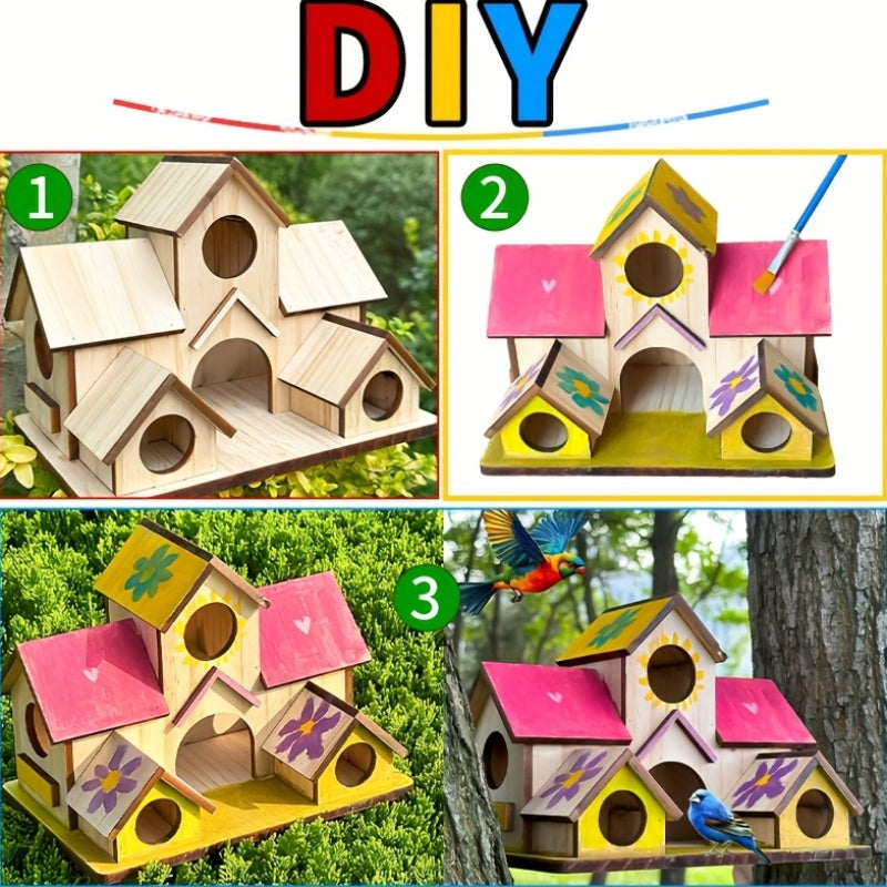 Nichoir rustique en bois pour jardin extérieur - Mangeoire à oiseaux et nichoir suspendu multi-niveaux à compartiments multiples, style villa - Décoration de jardin personnalisable à peindre pour attirer les oiseaux sauvages - Couleur bois naturel