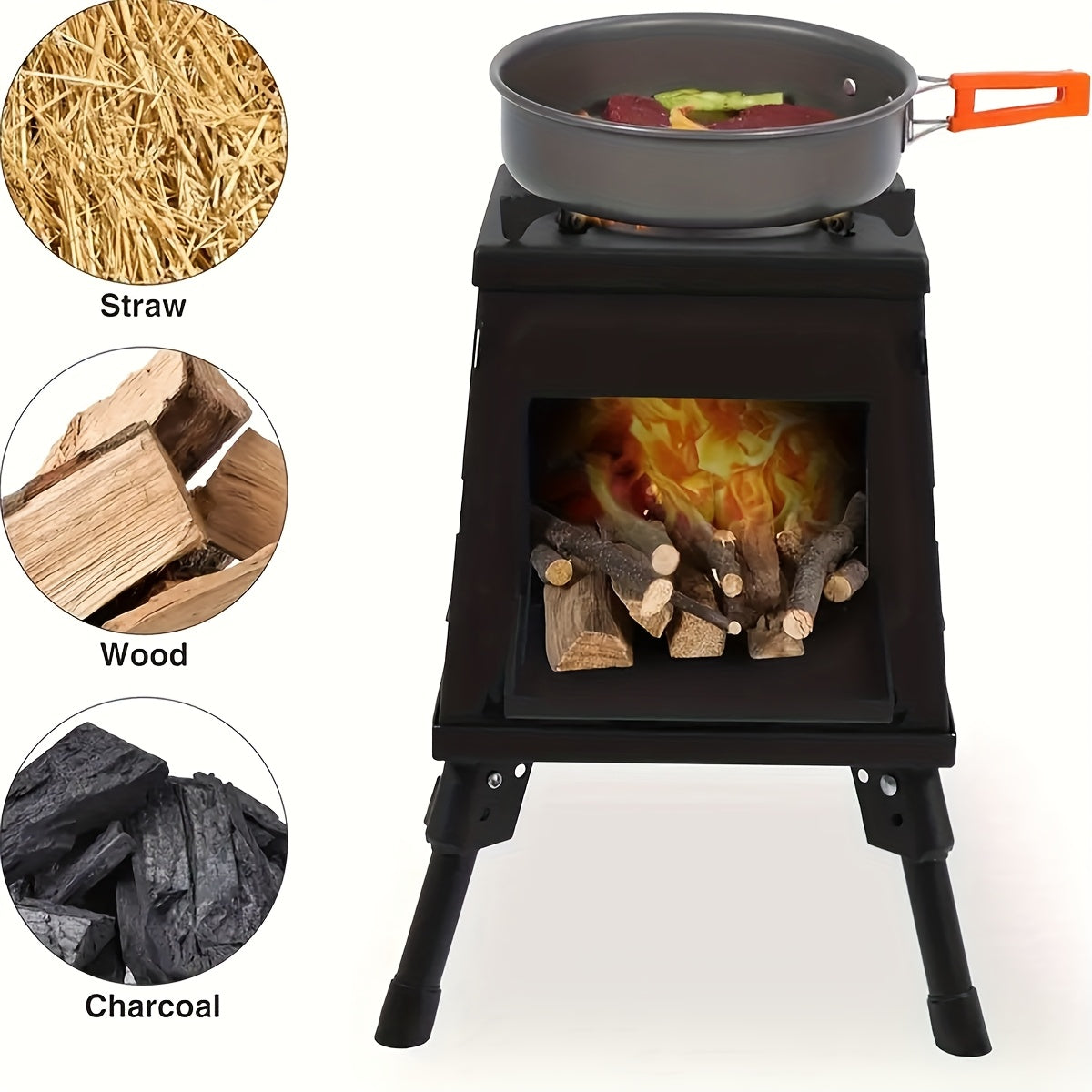 Réchaud de camping portable à bois avec ciseaux barbecue - Poêle de randonnée léger et kit de grill de pique-nique pour le voyage et le camping