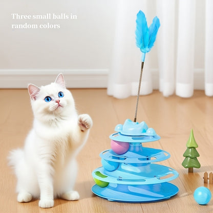 Jouet carrousel pour chat avec plume et balle rotative - Plateau tournant interactif pour chat d'intérieur, jouet stimulant anti-ennui, aucune pile requise, 3 couleurs : vert clair, bleu, rose