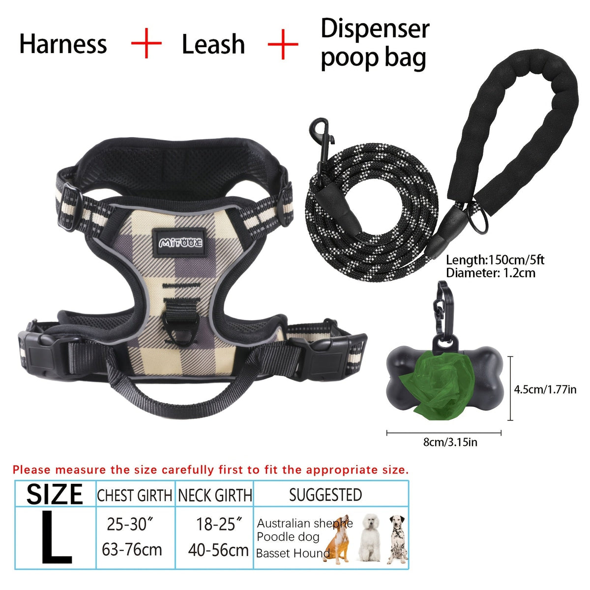Ensemble harnais et laisse pour chien 4 pièces, gilet réfléchissant en Oxford anti-traction et anti-étranglement avec laisse, distributeur de sacs à déjections et poignée de contrôle facile, pour chiens moyens et grands, dressage et promenade en extérieur