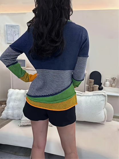 Pull-over rayé à blocs de couleurs style Y2K pour femme, col rond avec boutons | Haut en tricot asymétrique décontracté automne-hiver bleu marine S M L XL XXL
