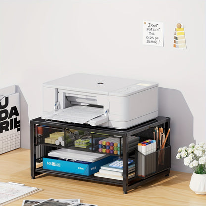 Support d'imprimante en métal pour bureau avec tiroir de rangement et 2 porte-stylos – Organisateur de bureau à 2 niveaux pour bureau à domicile, table d'imprimante polyvalente pour télécopieur, scanner et dossiers, bois et noir