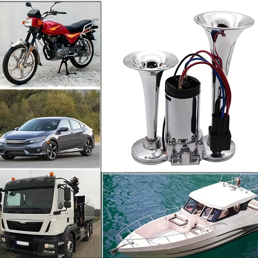 Kit de klaxon à air double 120 dB 12 V avec compresseur d'air – Klaxon de train/camion ultra puissant pour SUV, moto, pick-up, voiture et bateau – Klaxon électrique biton universel – Velora