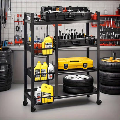 Étagère de rangement roulante à 4 niveaux avec paniers en fil métallique et roulettes – Rayonnage métallique réglable pour cuisine, garde-manger, garage, salle de bain et placard, organisateur sur pied mobile, cadeau de crémaillère