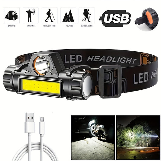 Lot de 4 lampes frontales LED COB rechargeables – Lampe frontale USB ultra-lumineuse avec base magnétique, modes longue portée et COB, clips pour casque réglables, batterie 500 mAh pour le camping, la randonnée, la pêche et le travail