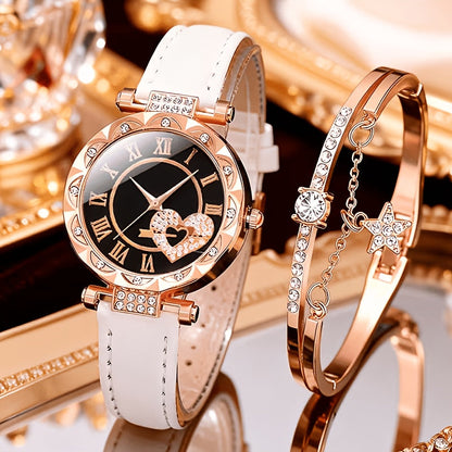 Coffret montre cœur orné de strass pour femme – 2 montres à quartz avec bracelet en similicuir, ensemble de montres-bracelets or rose et rose, idée cadeau pour la Saint-Valentin, les anniversaires et les fêtes