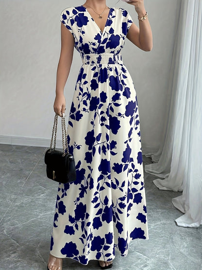 Robe longue florale rose pour femme - Col en V, manches courtes, taille cintrée, coupe trapèze | Robe fluide élégante, décontractée et habillée, pour le printemps et l'automne, nouveauté