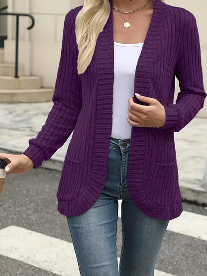 Women's Elegant Front Open Sweater Cardigan Long Sleeve Pleated Detail Solid Color - Soft Suede Feel Layering Piece for Fall Winter Office Casual Daily Wear