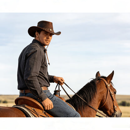 Chapeau de cow-boy en cuir véritable pour hommes et femmes, style western australien à larges bords, forme modulable, protection UV, chapeau vintage marron avec cordon de menton, tailles S à 3XL