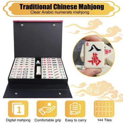 Set de mahjong 36 mm, 146 tuiles en mélamine avec mallette de transport - Tuiles pleine grandeur 3,5 cm blanc ivoire, chiffres arabes, dés, indicateurs de vent et instructions, cadeau de soirée de jeux en famille pour adultes