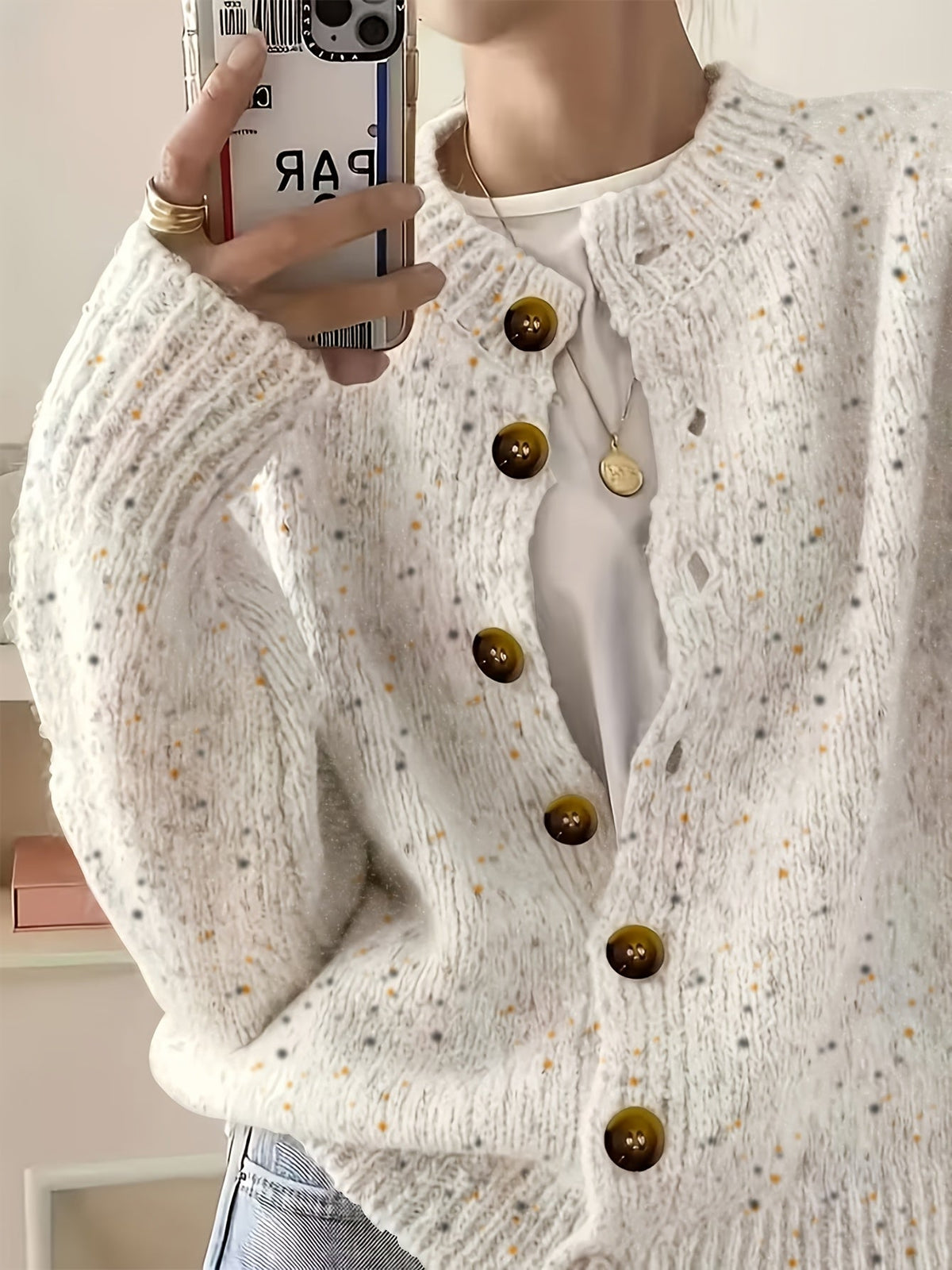 Cardigan décontracté pour femme à boutons, manches longues, col rond, maille colorée | Haut élégant et léger en tissu extensible à motif pois bonbon, tailles S M L XL
