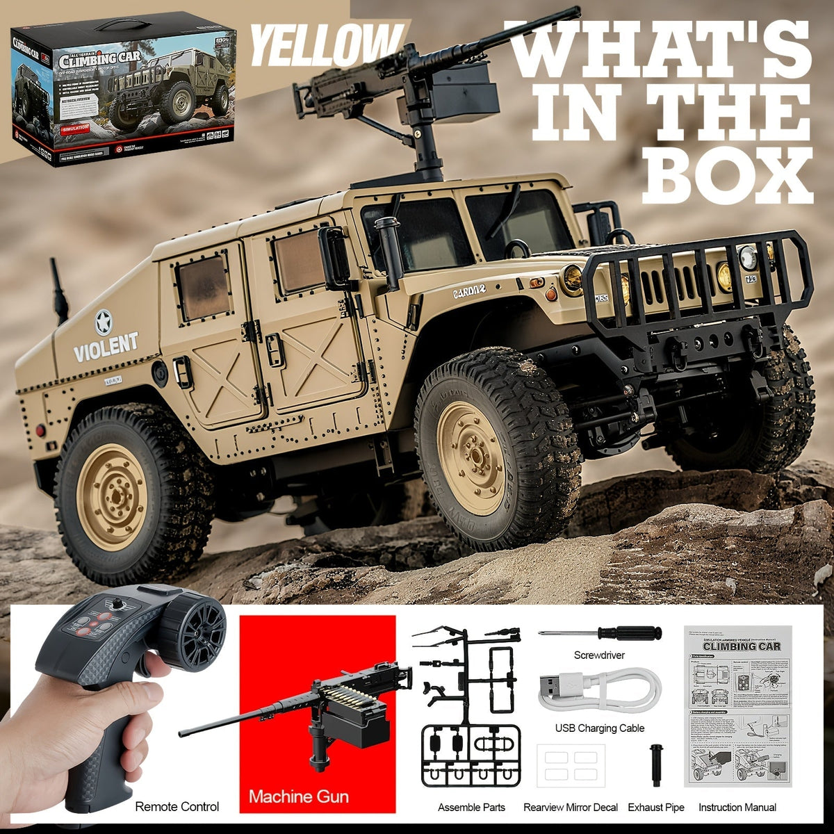 Véhicule militaire tout-terrain radiocommandé à échelle réelle C8835 pour adultes - Transmission proportionnelle, vitesse variable, franchissement, éclairage LED multi-modes, 5 portes ouvrantes, accessoires de mitrailleuse et treuil en option