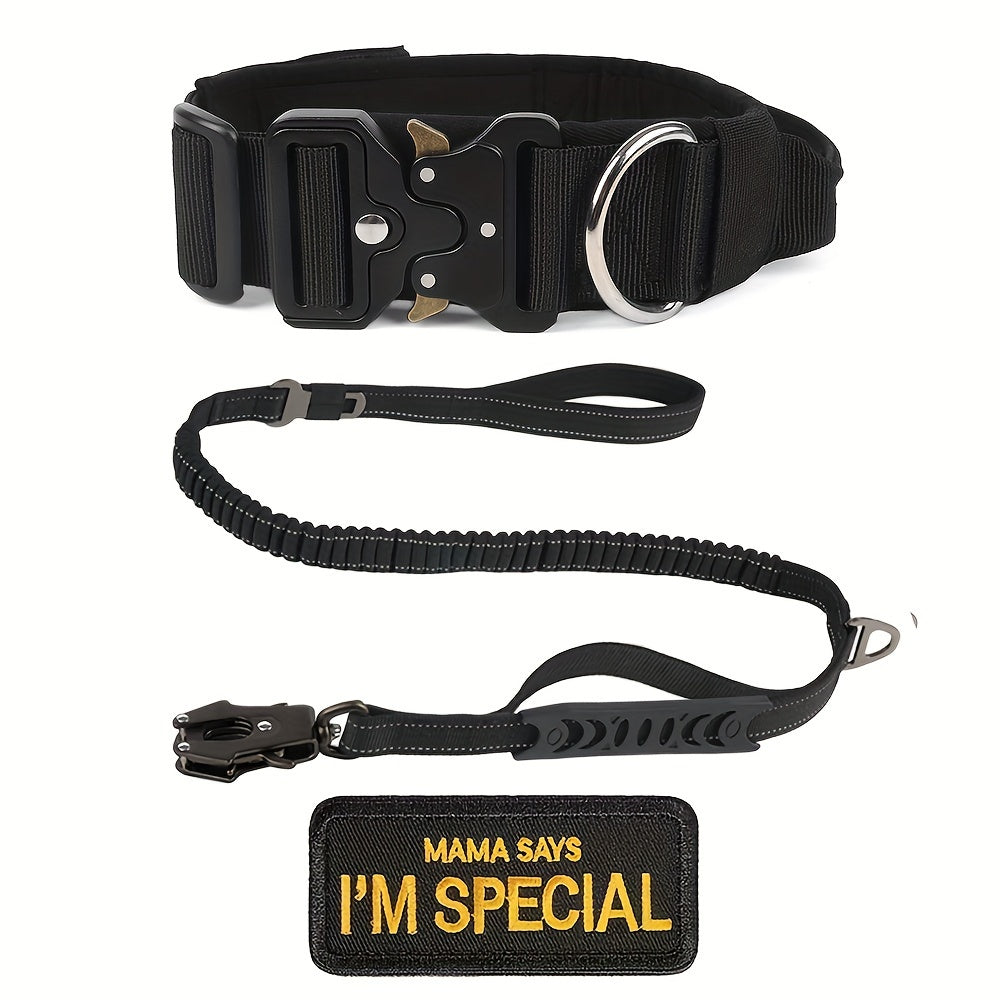 Ensemble collier tactique pour chien et laisse élastique robuste pour chiens de taille moyenne à grande - Collier en nylon avec boucle métallique haute résistance, laisse élastique extensible, équipement de dressage et de promenade en extérieur