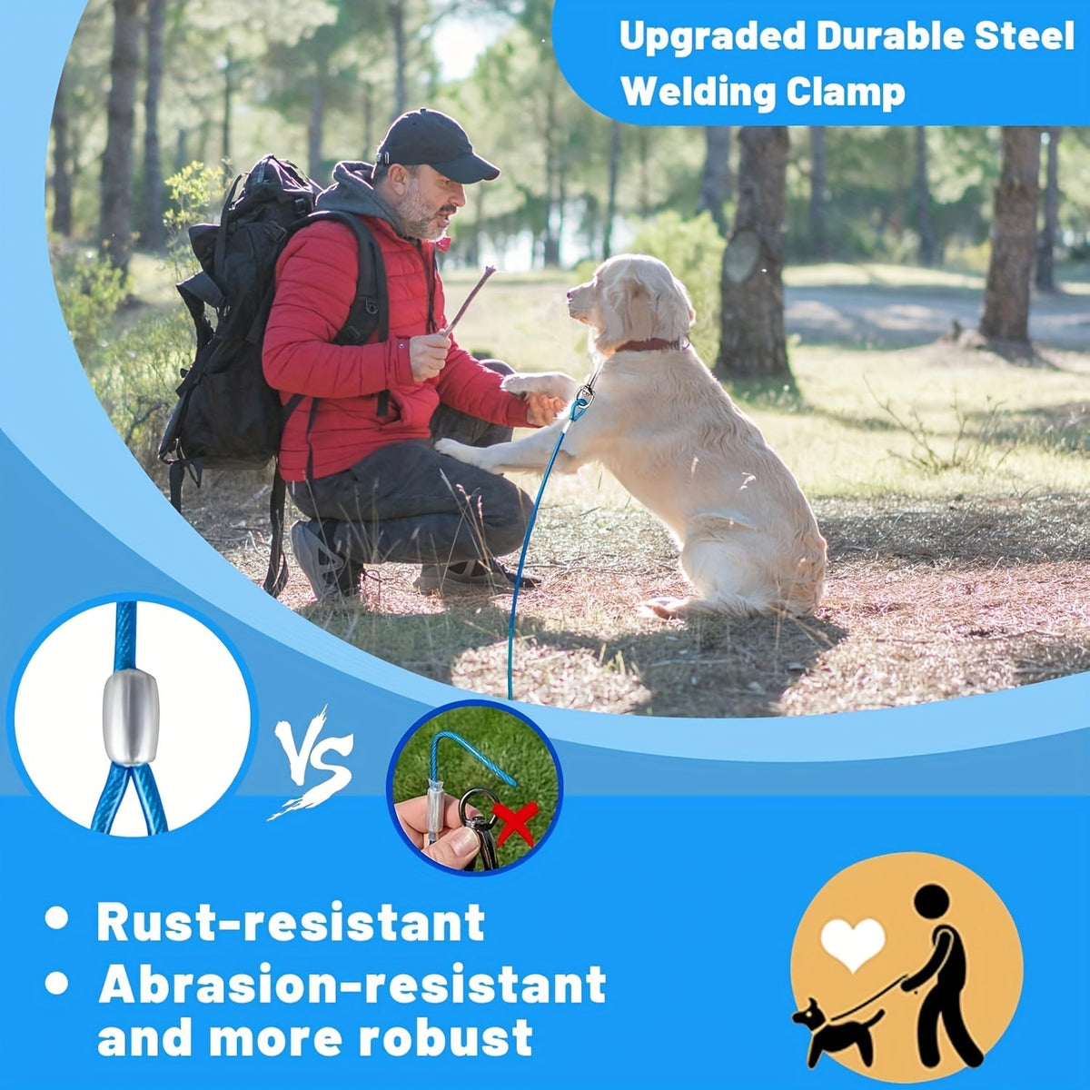 Câble d'attache pour chien pour jardin – Laisse en fil d'acier robuste pour extérieur de 3/4,5/6/9 mètres avec clips durables, pour grands chiens jusqu'à 75 kg, bleu