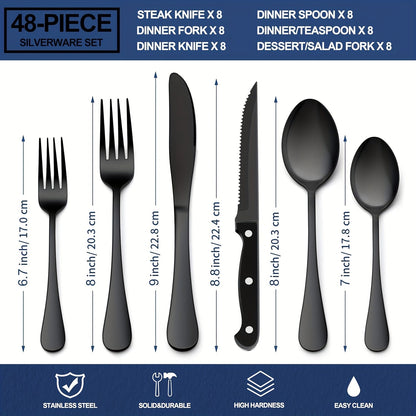 Service de couverts 48 pièces avec couteaux à steak pour 8 personnes – Ménagère en acier inoxydable 304, finition miroir, lavable au lave-vaisselle, cuillères, fourchettes, couteaux, argenté noir