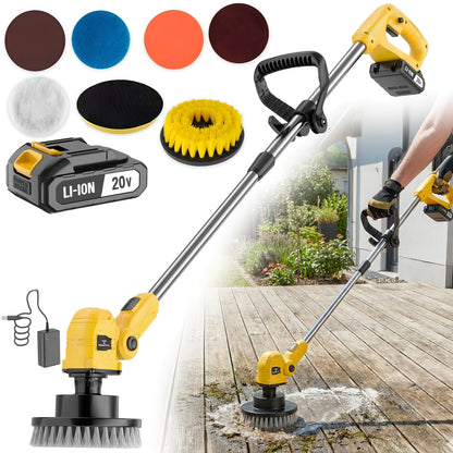 Nettoyeur de sol électrique rotatif sans fil avec manche télescopique - 2 têtes de brosse, 4 patins de lavage, balai rotatif sans fil pour sols de cuisine, salle de bain, balcon et salon
