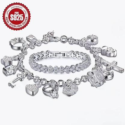 Lot de 2 bracelets pour femme en argent sterling 925 – Bracelet tennis en zircon cubique et bracelet à charms rétro multi-éléments, style luxe classique, mosaïque de zircone scintillante, parfait pour le quotidien et idée cadeau